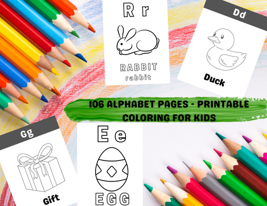 Alphabet Coloring Fun Pack – 106 Pages | A-Z Printable Activities for Kids | Digital Preschool ABC Book | Instant Download.